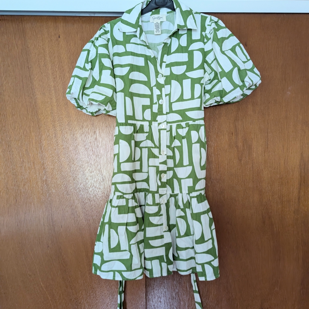 Jessica Simpson Green and White Geo Patterned Mini Summer Button Dress XS - Picture 1 of 9